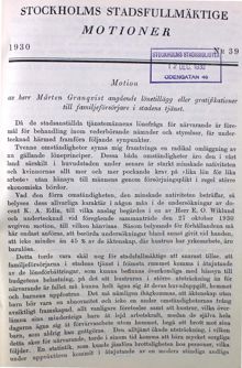 Motion om lönetillägg för familjeförsörjare i stadens tjänst - stadsfullmäktige 1930