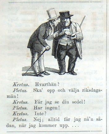 Kretus och Pletus inför riksdagsvalet. Illustrerad satirisk dialog i Söndags-Nisse – Illustreradt Veckoblad för Skämt, Humor och Satir, nr 38, den 16 september 1866
