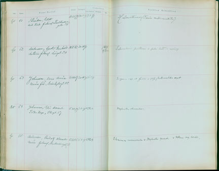 Uppslag ur patientliggare på Barnsjukhuset Samariten 1891. Patienterna har nummer 61-65.