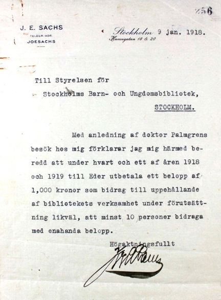 Josef Sachs lovar att ge ekonomiskt bistånd till Stockholms barn- och ungdomsbibliotek 1918
