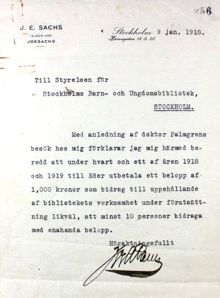 Josef Sachs lovar att ge ekonomiskt bistånd till Stockholms barn- och ungdomsbibliotek 1918